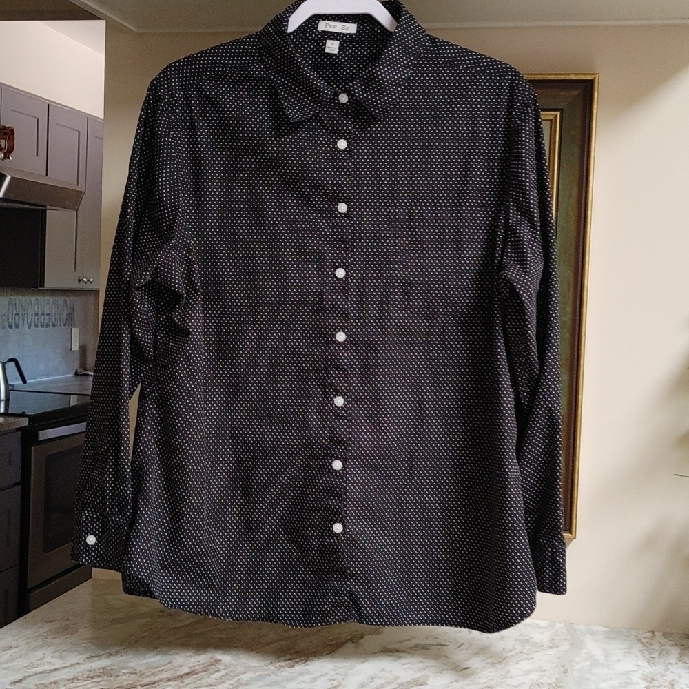 Per Se Black White Polkadot Button Down Cotton Shirt 1X